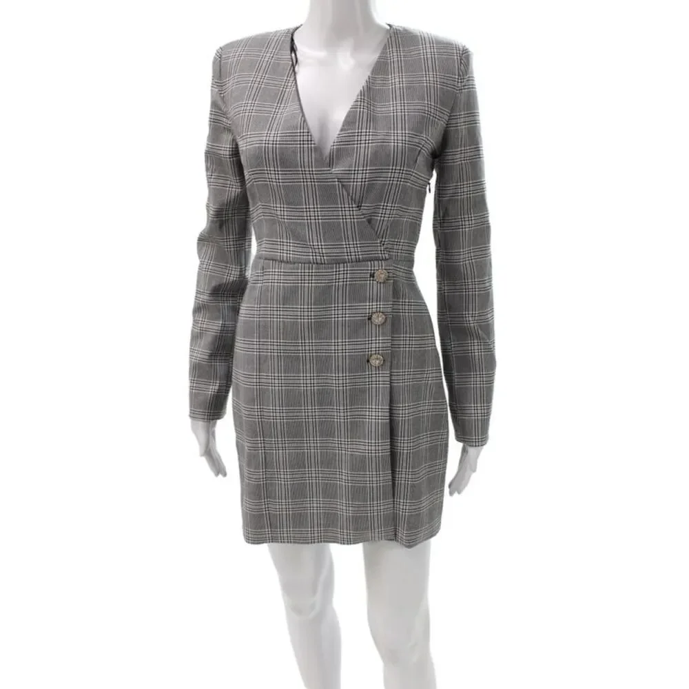 Zara Womens Gray Plaid Jacket Dress Long Sleeve V-Neck Button Mini Size XS